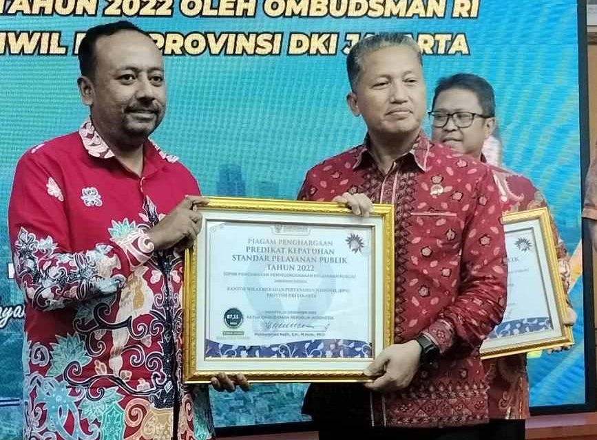 Kanwil BPN DKI dan Kantah Se-DKI Jakarta Raih Penghargaan Kepatuhan Tinggi dari Ombudsman